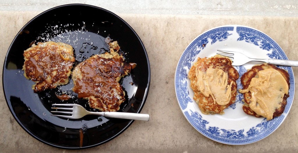 Gluten-free, grain-free pancakes with hazelnut butter and peanut butter topping